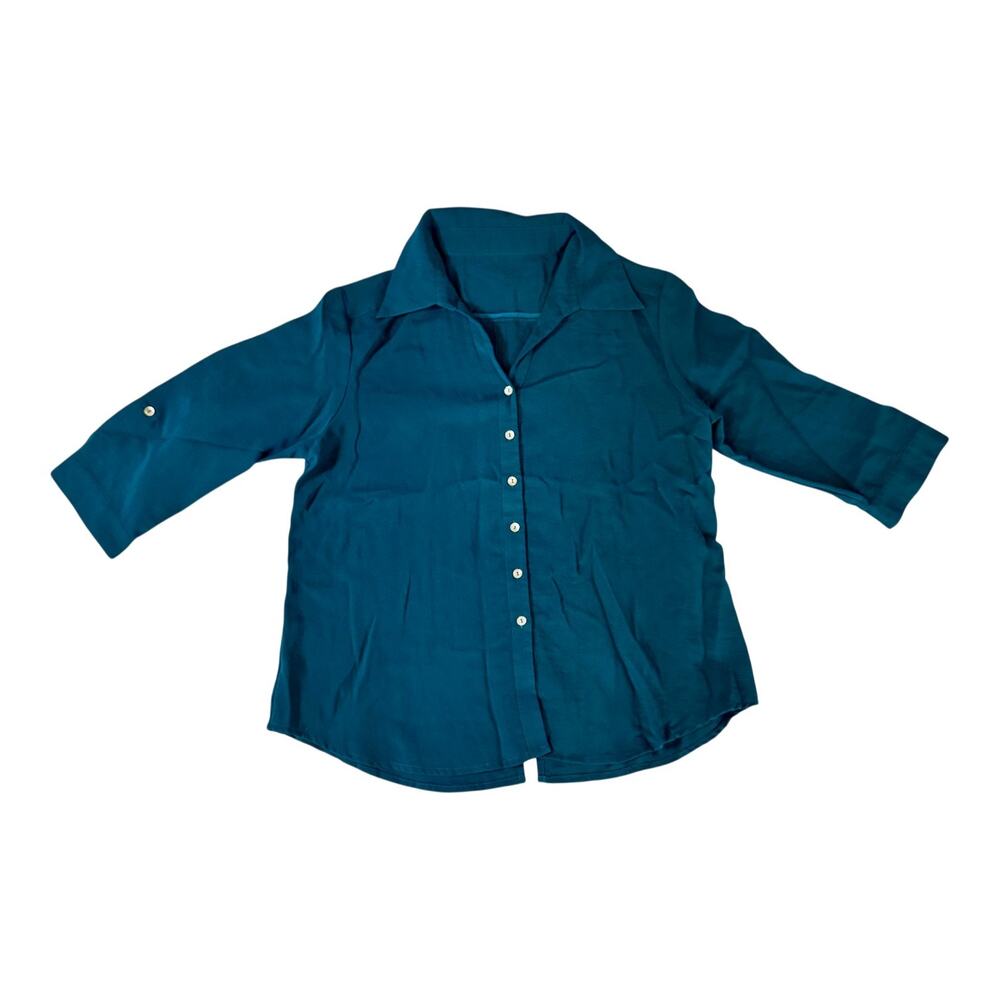 Fridaze 100% Linen Button Front Shirt Women's Large Teal Blue Lagenlook Layering